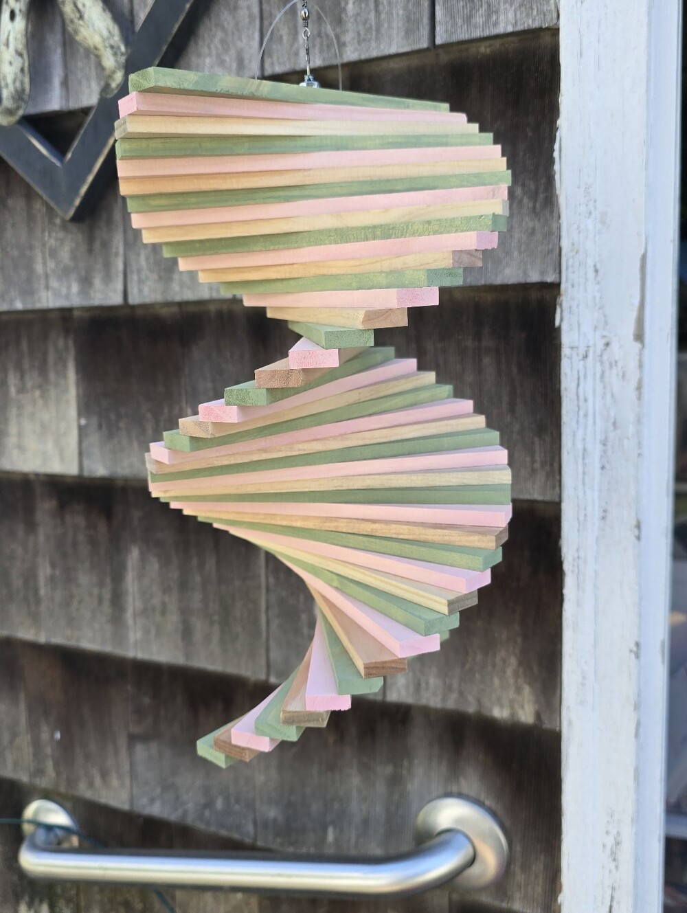 Wooden Wood Spinner Stained Pink Green color twister Windmill Windchime